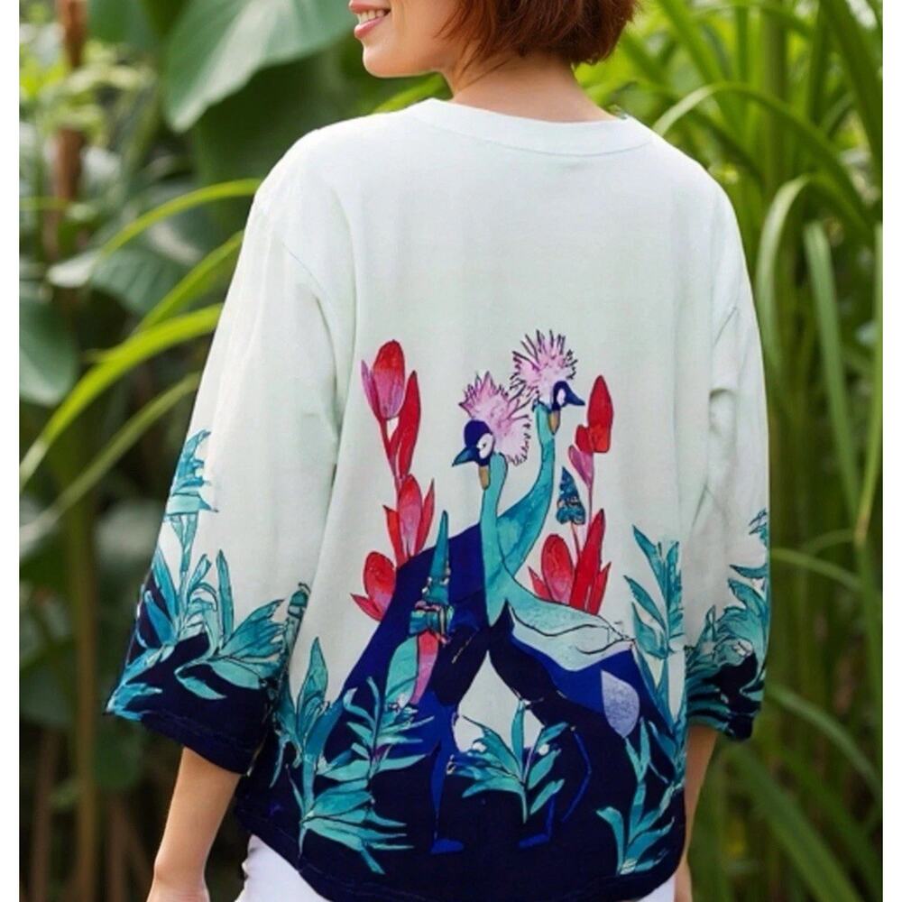 NWT Chico's Jacket Open Colorful Crowned Crane Satin Sky Tropical Size 3 XL